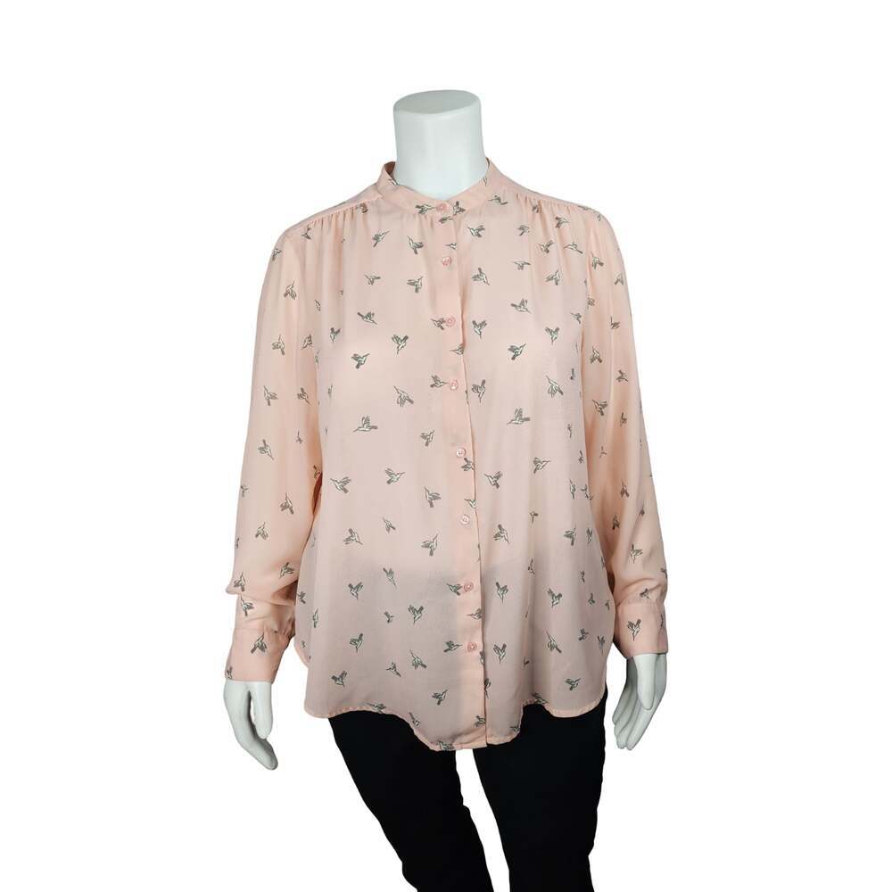 Faded Glory Women's Pink Hummingbird Print Long Sleeve Button Down Blouse XXL